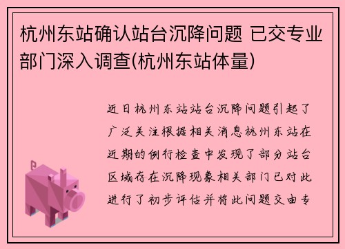 杭州东站确认站台沉降问题 已交专业部门深入调查(杭州东站体量)