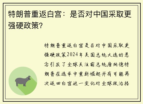 特朗普重返白宫：是否对中国采取更强硬政策？