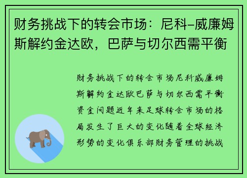 财务挑战下的转会市场：尼科-威廉姆斯解约金达欧，巴萨与切尔西需平衡资金问题